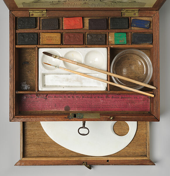 Artist's watercolor paint box, Ackermann &amp; Co., London (British, active 1829–55), Wood with brass hardware, engraving affixed to cover, hard cake watercolors, porcelain well and palette and glass water jar, British