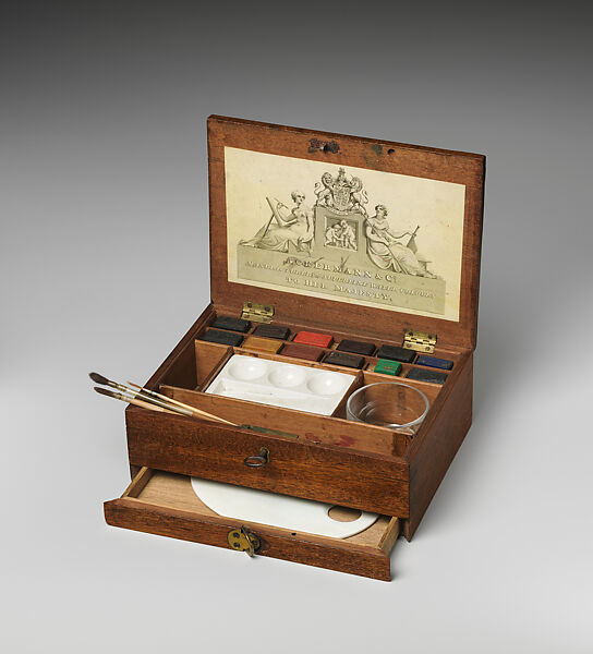 Artist's watercolor paint box, Ackermann &amp; Co., London (British, active 1829–55), Wood with brass hardware, engraving affixed to cover, hard cake watercolors, porcelain well and palette and glass water jar, British 