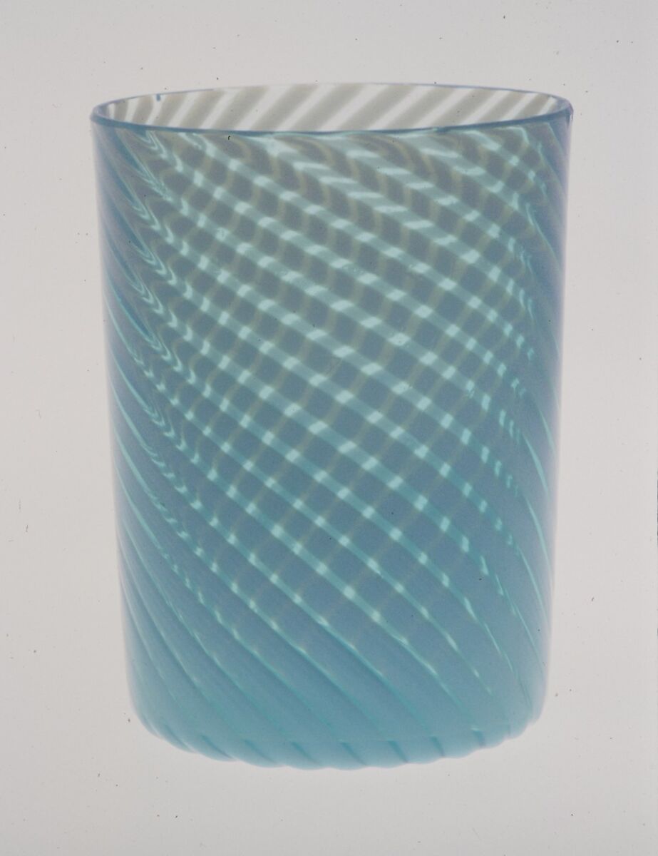 Tumbler, Hobbs, Brockunier and Company (1863–1891), Blown blue and white opaque glass, American 