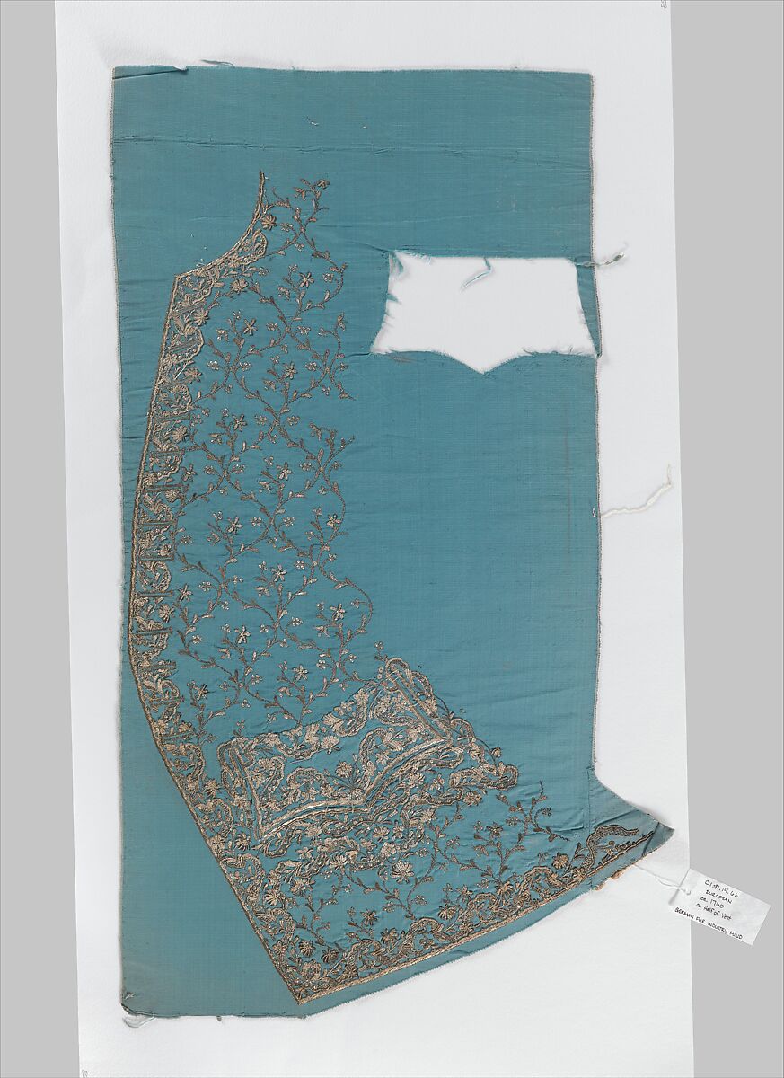 Waistcoat front panels, Metal thread embroidery and sequins on silk, European