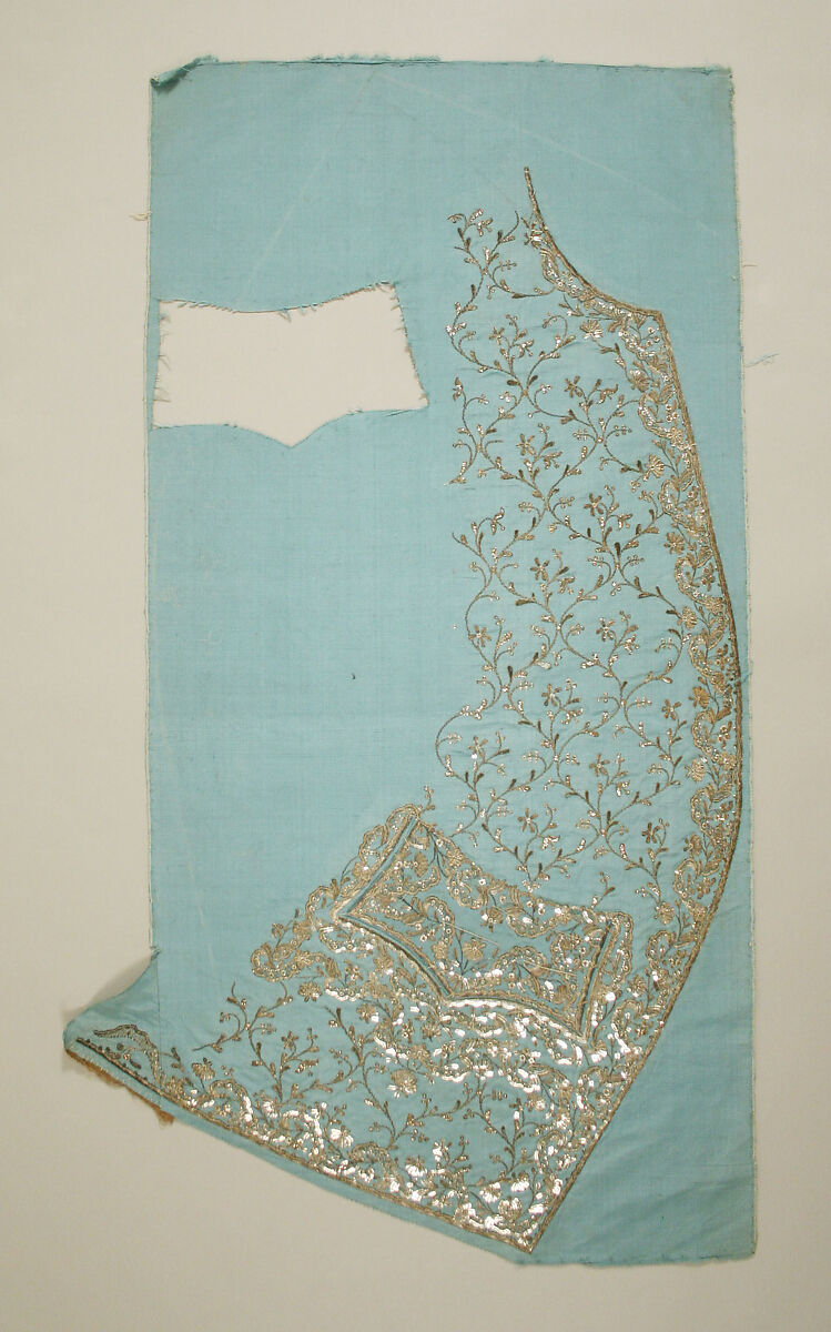 Waistcoat front panels, Metal thread embroidery and sequins on silk, European