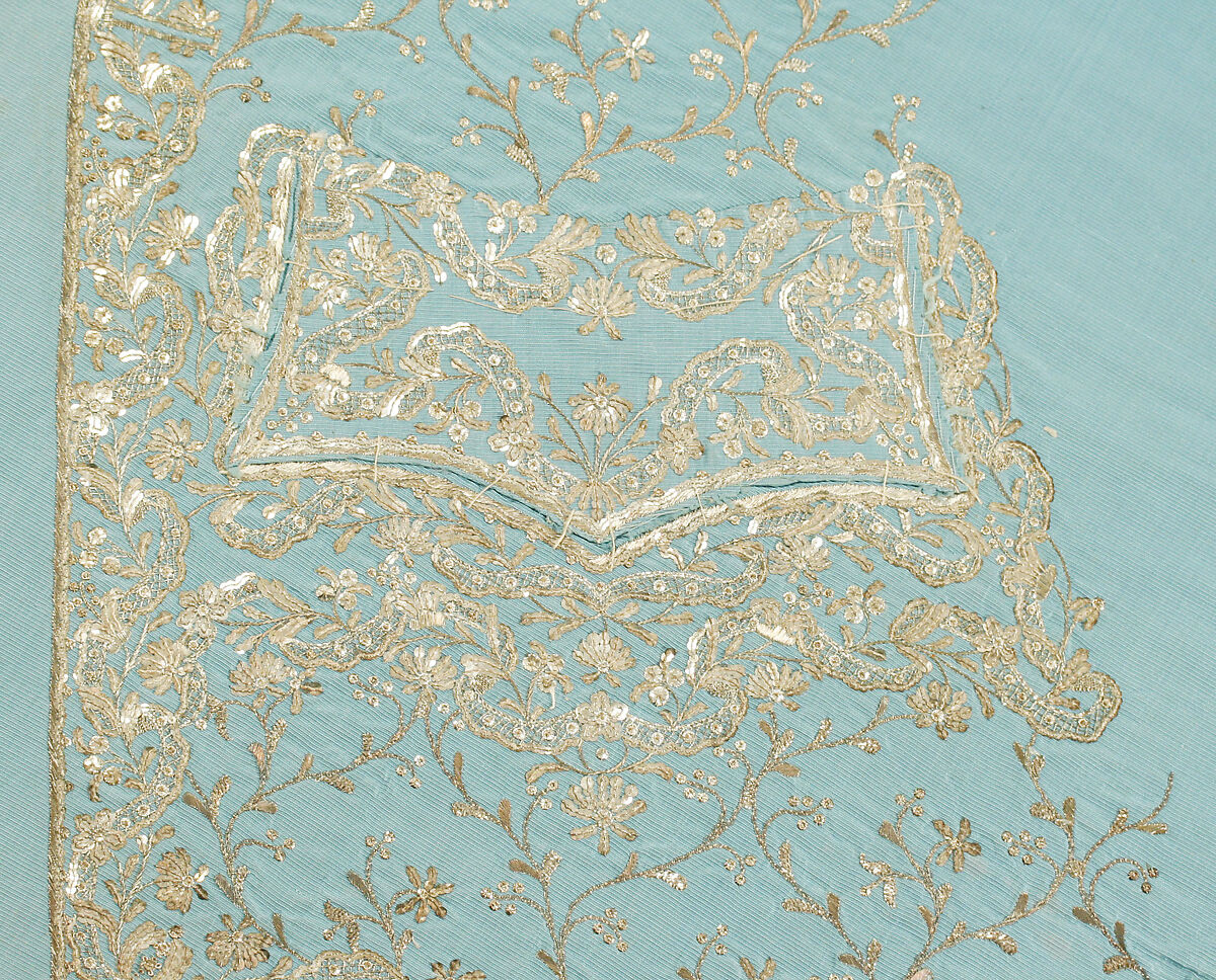 Waistcoat front panels, Metal thread embroidery and sequins on silk, European