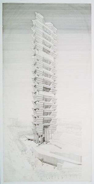 Perspective drawing (early design) of The Concourse / Beach Road II Office Tower project, Singapore, Paul Rudolph  American, Ink and graphite on tracing paper