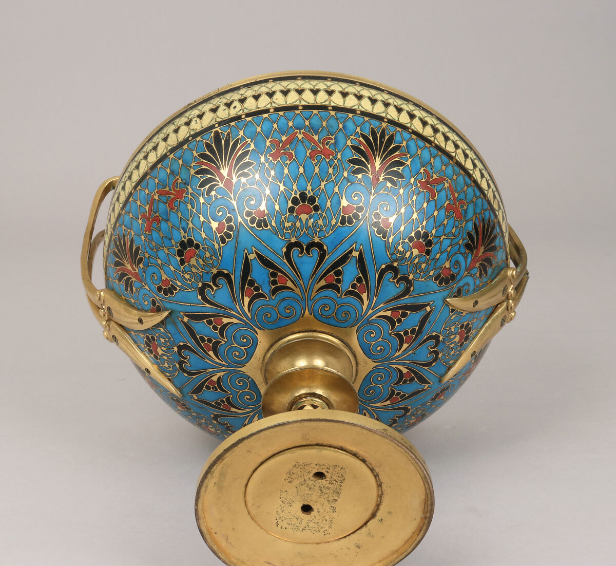 Bowl on stand, Design attributed to Louis-Constant Sévin (French, Versailles 1821–1888 Neuilly-sur-Seine), Gilt brass, polychrome cloisonné enamel, French, Paris