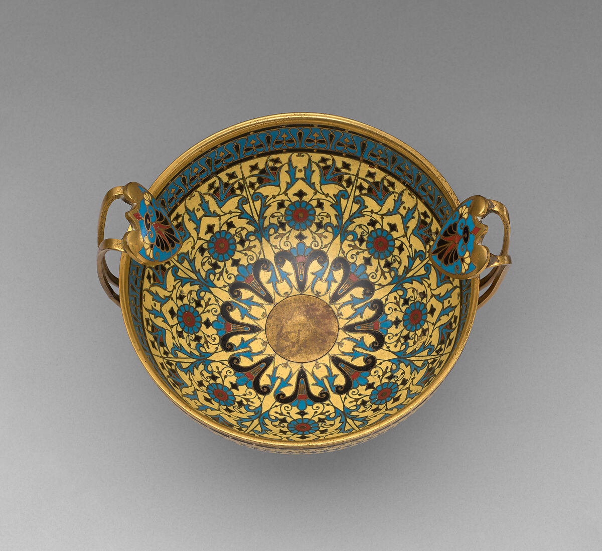 Bowl on stand, Design attributed to Louis-Constant Sévin (French, Versailles 1821–1888 Neuilly-sur-Seine), Gilt brass, polychrome cloisonné enamel, French, Paris
