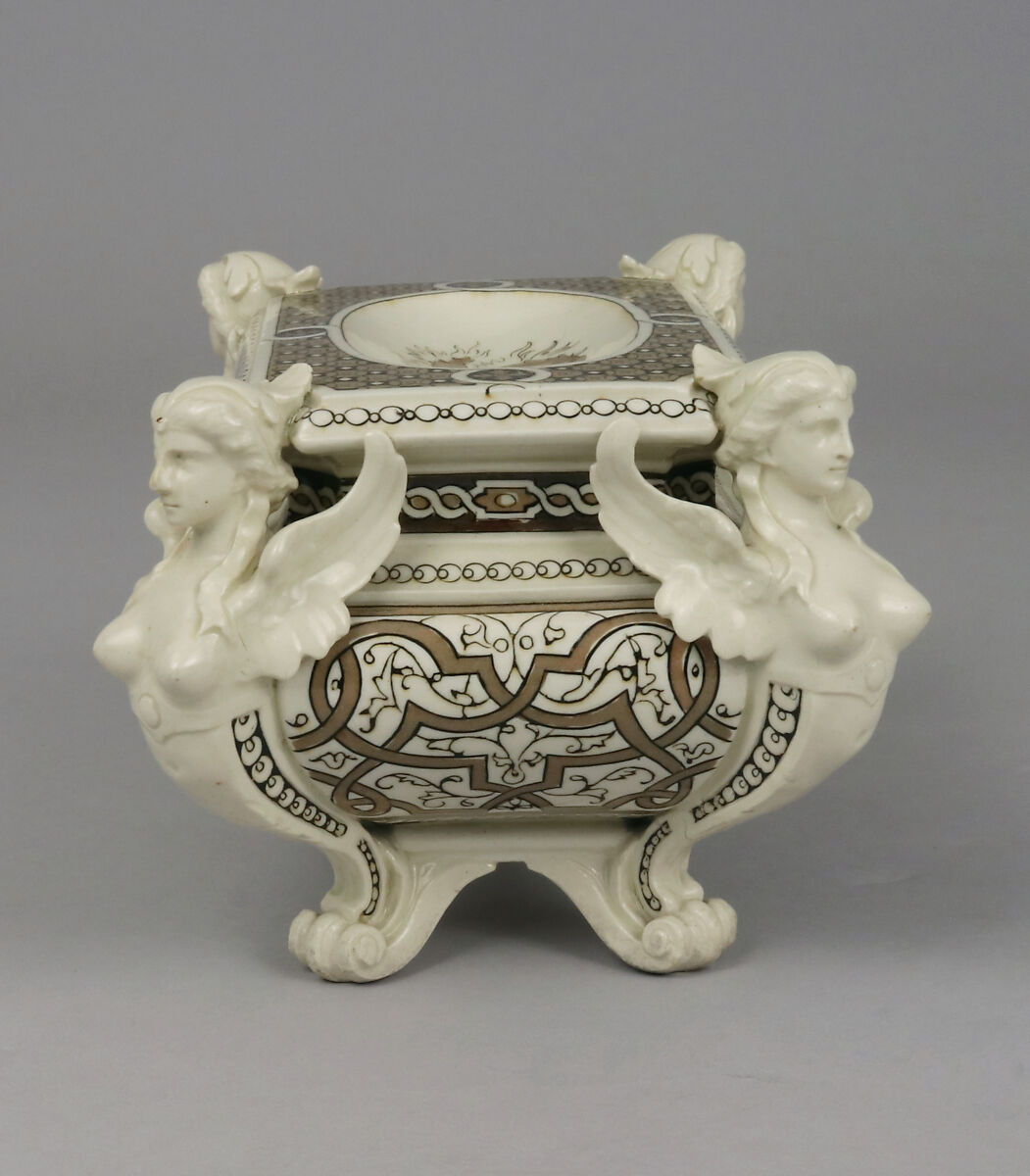 Henri II Ware salt, Joseph Francois Léon Arnoux (French, working England, Toulouse 1816–1902 Hartshill), Glazed earthenware with enamel and inlaid slip decoration, British, Stoke-on-Trent