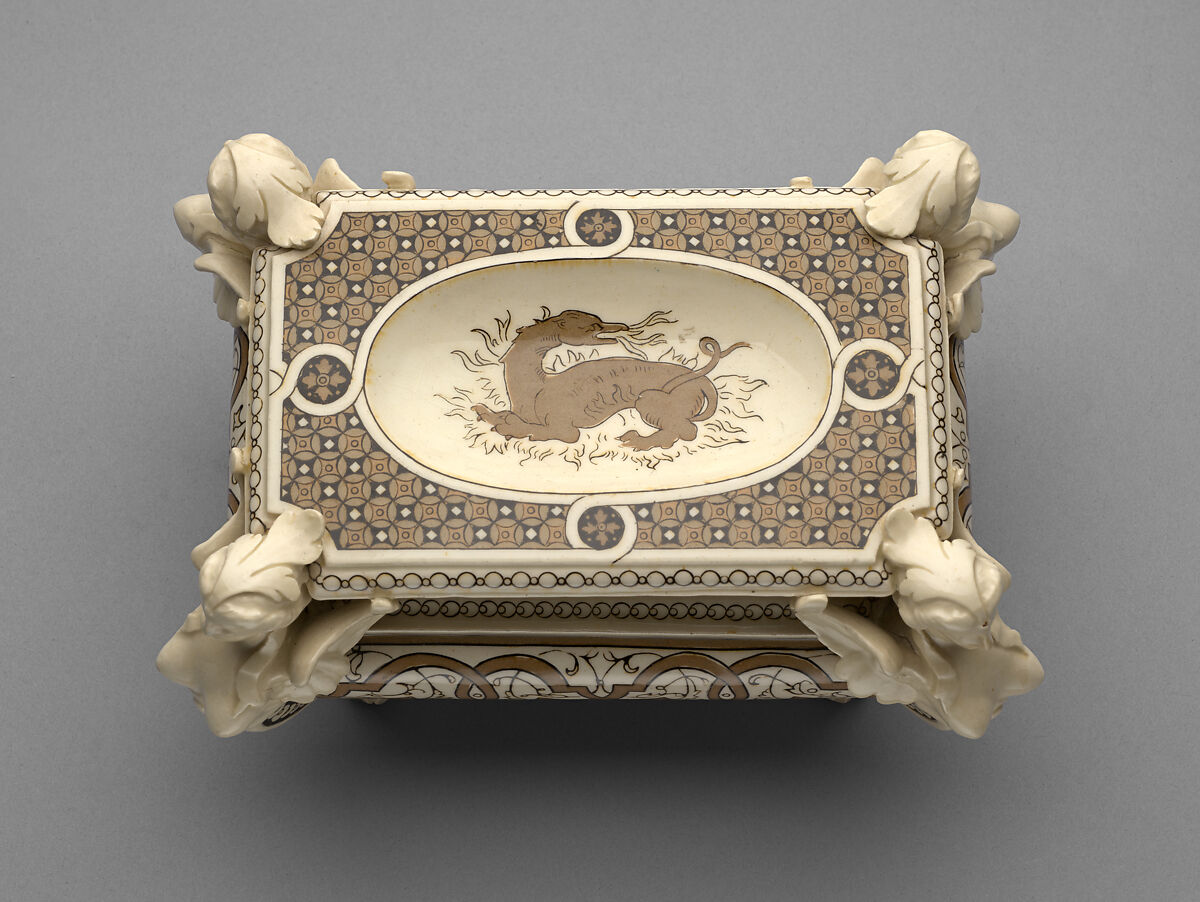 Henri II Ware salt, Joseph Francois Léon Arnoux (French, working England, Toulouse 1816–1902 Hartshill), Glazed earthenware with enamel and inlaid slip decoration, British, Stoke-on-Trent