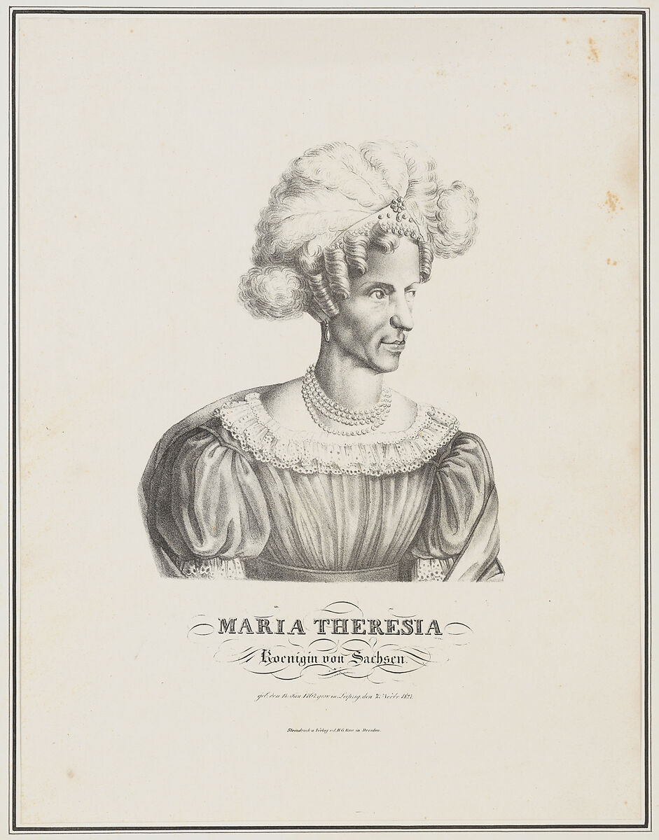 Portrait of Maria Theresia, Queen of Saxony, After Ludwig Theodor Zöllner (German, 1796–1860), Lithograph 