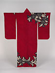 Long-sleeved Robe (Furisode) with Stylized Peonies, Plain-weave silk with tie-dying (shibori), Japan