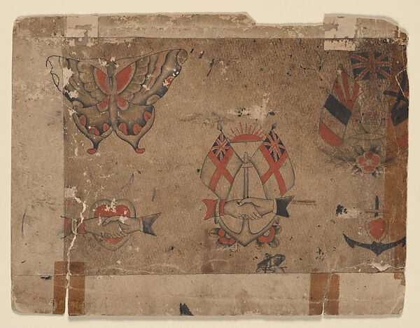 Page with four informal sketches: the Union Jack, a personification of Britannia[?], peacock in a tree, and a swooping robin, Ink and color on paper