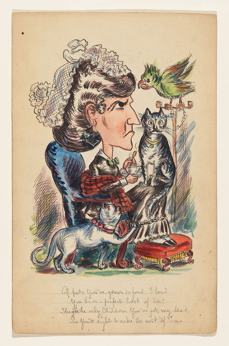 Original illustration for a comic Valentine: Old Maid with parrot and cat, N. Clayton (British, active 19th century), Hand-colored (watercolor) ink drawing on heavy stock, with poetry written in graphite script 