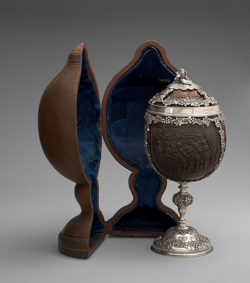 Wedding Cup in case, Robert Hennell III (British, 1794–1868), Silver, coconut; leather, blue silk, base metal, British, London 