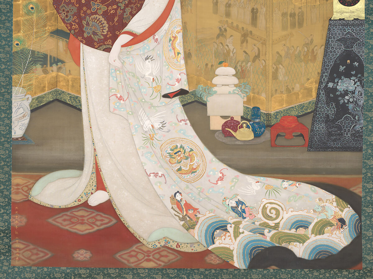 A Nagasaki Courtesan with a Nanban Screen, Kobayakawa Kiyoshi (Japanese, 1899–1948), Hanging scroll; color, silver, gold, and gold leaf on silk, Japan