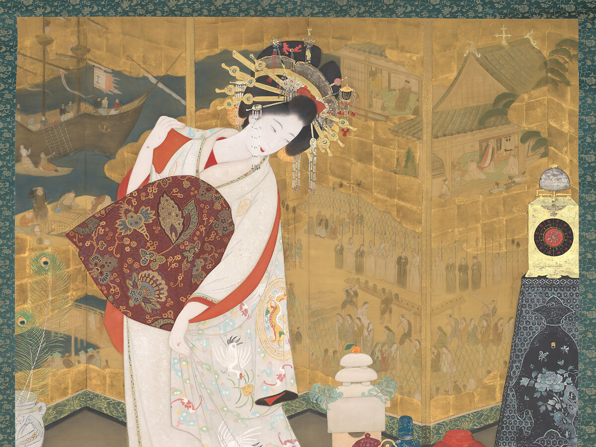 A Nagasaki Courtesan with a Nanban Screen, Kobayakawa Kiyoshi (Japanese, 1899–1948), Hanging scroll; color, silver, gold, and gold leaf on silk, Japan