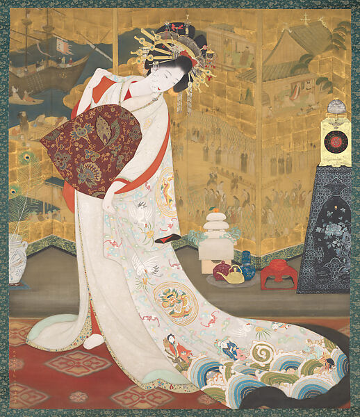 A Nagasaki Courtesan with a Nanban Screen, Kobayakawa Kiyoshi (Japanese, 1899–1948), Hanging scroll; color, silver, gold, and gold leaf on silk, Japan 