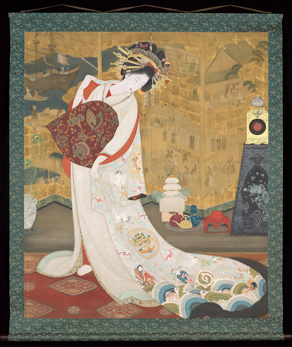A Nagasaki Courtesan with a Nanban Screen, Kobayakawa Kiyoshi (Japanese, 1899–1948), Hanging scroll; color, silver, gold, and gold leaf on silk, Japan