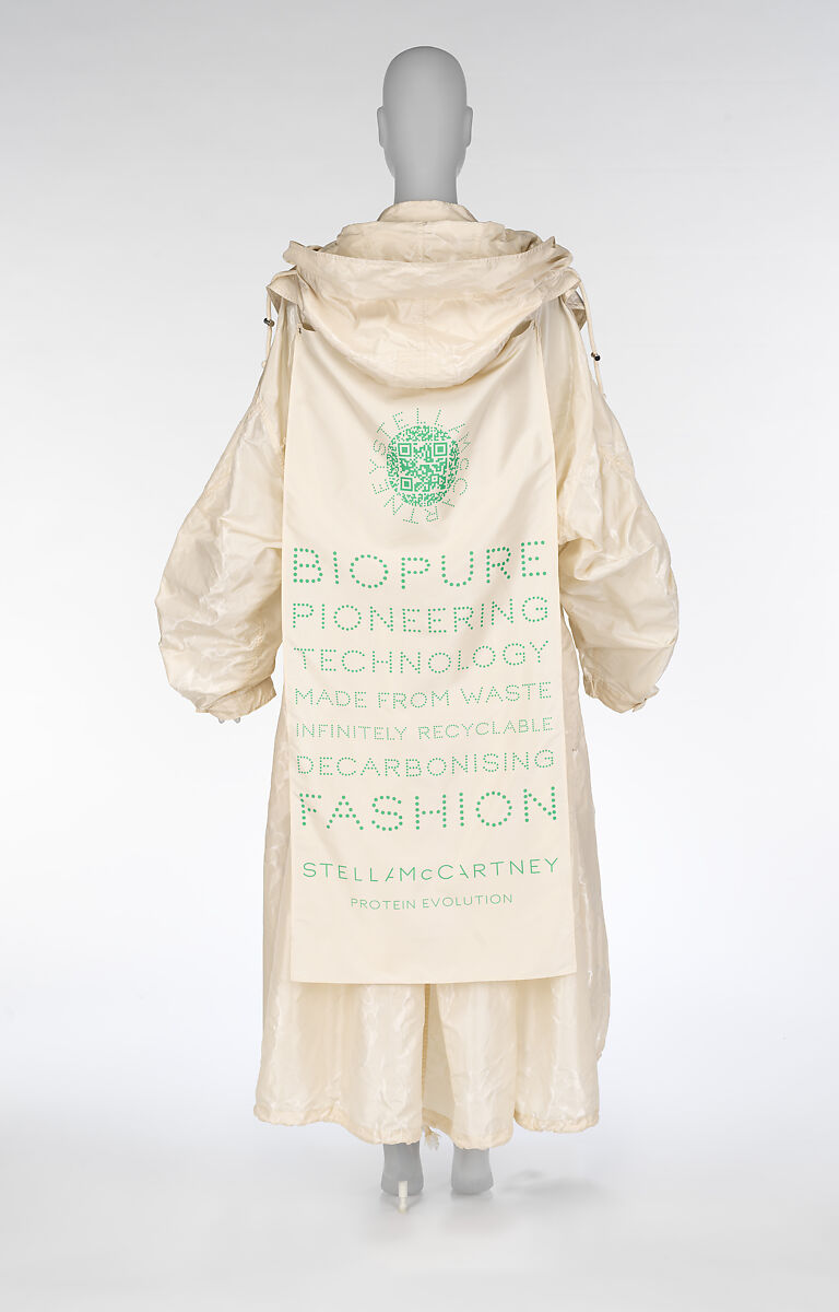 "BioSequin" dress and "Protein Evolution" parka, Stella McCartney (British, founded 2001), silk, cellulose, British