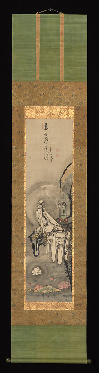 Kannon by a Lotus Pond, Hakuin Ekaku (Japanese, 1686–1769), Hanging scroll; ink and color on paper, Japan