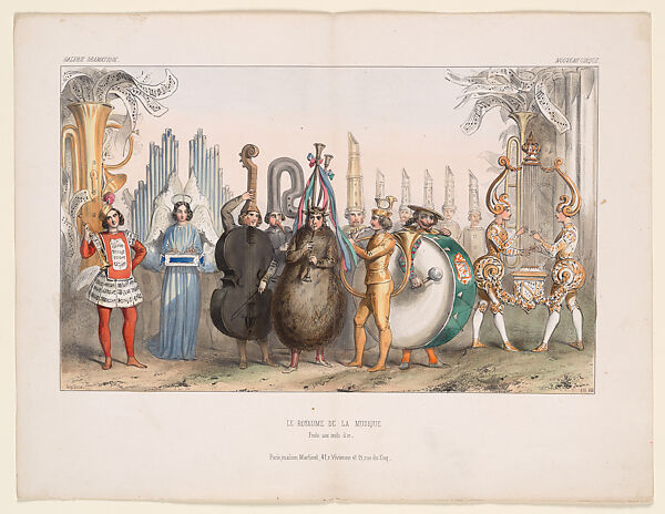 “Le Royaume de Harmonie,”  (The Kingdom of Harmony) from the theater production of La Poule aux Oeufs d’Or , (The Goose that Laid the Golden Eggs) in the Galerie Dramatique,, Hand colored lithograph