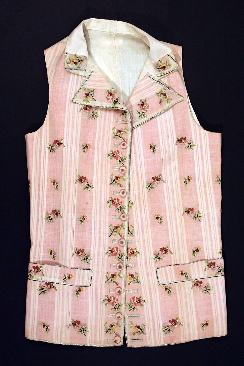 Waistcoat, cotton, silk, flax, British 