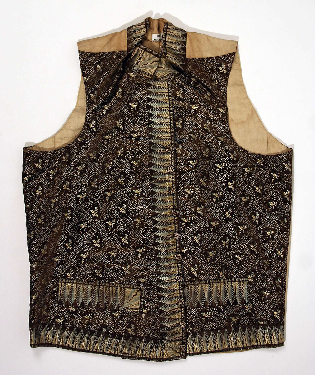 Waistcoat, silk, wool, cotton, British 