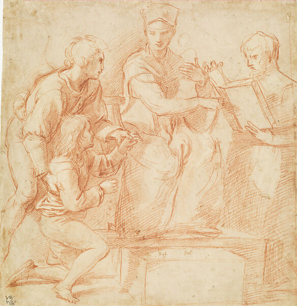 Composition Study with Workshop Assistants Posing for the  Virgin and Child with Raphael, Tobias, and Saint Jerome (The Madonna del Pesce), Raphael (Raffaello Sanzio or Santi)  Italian, Slightly orangeish red chalk, over underdrawing sketched in leadpoint (?) or fine black chalk, on paper