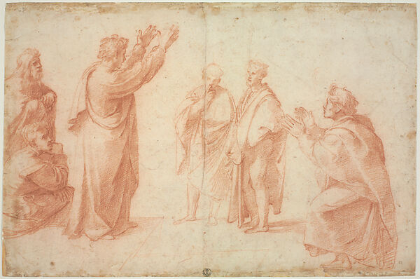 Figures in Composition (Studies for Saint Paul Preaching in Athens, from the Acts of the Apostles Tapestry Series), Raphael (Raffaello Sanzio or Santi)  Italian, Red chalk, over preliminary stylus underdrawing, on paper