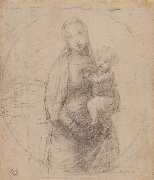 The Virgin and Child in a Landscape within a Circle (Study for the Madonna del Gran Duca), Raphael (Raffaello Sanzio or Santi)  Italian, Black chalk, some traces of pen and brown ink(?), over preliminary stylus underdrawing, with compass-incised outlines for the tondo, stylus-indented outlines for the figures, on buff paper (now darkened)