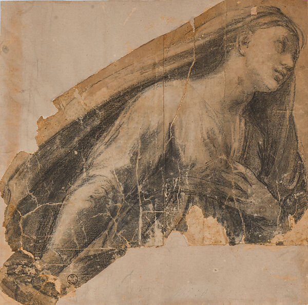 The Virgin (Cartoon Fragment for Giulio Romano’s Deësis), Raphael (Raffaello Sanzio or Santi)  Italian, Charcoal, black chalk, highlighted with white gouache, on three fragmentary sheets glued with overlapping seams (original paper support); the paper lightly washed pale gray-beige, outlines of the figure and draperies stylus-incised for transfer; original paper support silhouetted
