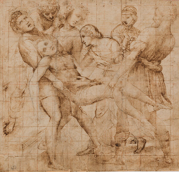Modello Drawing for the Baglioni Altarpiece (The Entombment), Raphael (Raffaello Sanzio or Santi)  Italian, Pen and two hues of brown ink over black-chalk and stylus underdrawing, squared in red chalk and stylus; outlines of the head of the male bearer at extreme left pricked for transfer of the design, on paper