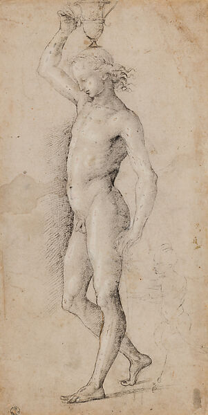 Bacchus with Satyr, Perugino (Pietro di Cristoforo Vannucci)  Italian, Black chalk, partly reworked in pen and dark brown ink, with some brush and brown wash, highlighted with white gouache, over preliminary stylus underdrawing, on paper very lightly washed pale gray-beige