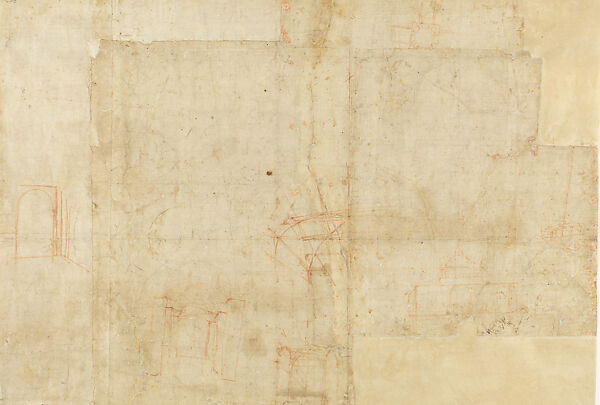 Study for Saint Peter's Basilica (recto and verso), Donato d'Agnolo Bramante (Italian, 1444–1515), Red chalk, compass work, stylus-ruling, incised squaring grids (recto and verso), on paper