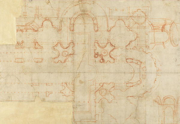Study for Saint Peter's Basilica (recto and verso), Donato d'Agnolo Bramante  Italian, Red chalk, compass work, stylus-ruling, incised squaring grids (recto and verso), on paper