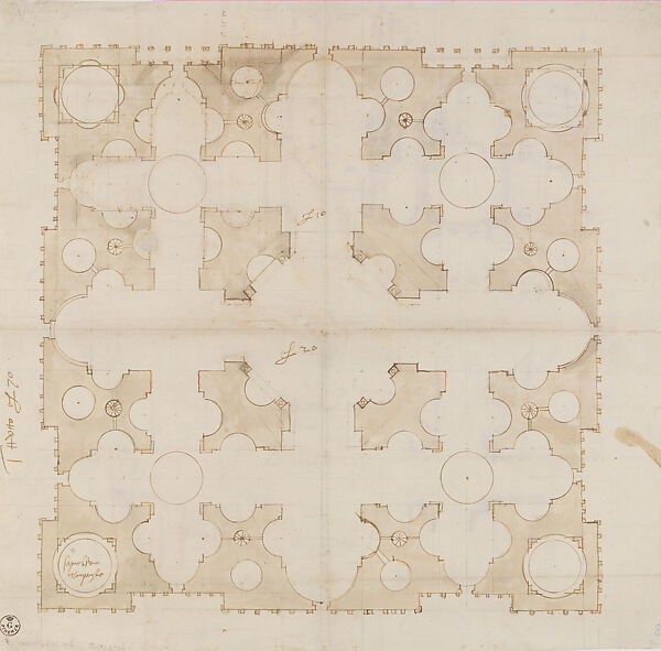 Studies for the Plan of Saint Peter’s Basilica (recto and verso), Donato d'Agnolo Bramante (Italian, 1444–1515), Pen and brown ink, brush and brown wash, with ruling in black chalk, pen and brown ink, and direct stylus-incised ruling and compass work (recto); red chalk (verso), on paper
