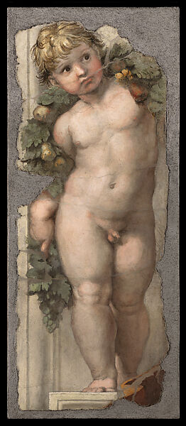 Standing Putto Bearing a Garland on a Curved Plaster Surface, Raphael (Raffaello Sanzio or Santi)  Italian, Detached fresco fragment with a layer of surface plaster, adhered to cork and anchored to a cadorite slab with aluminum brackets