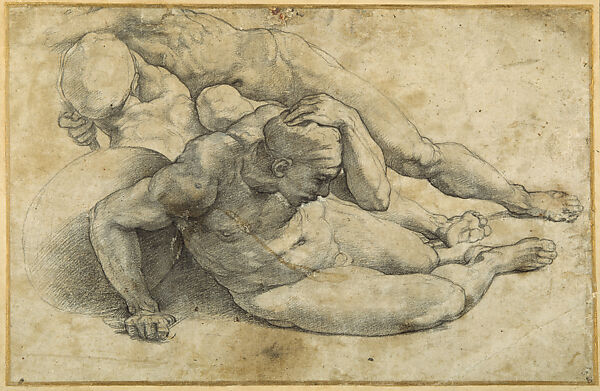 Three Reclining Male Nudes (Studies for the Resurrection, Chigi Chapel, Santa Maria della Pace), Raphael (Raffaello Sanzio or Santi)  Italian, Black chalk on paper