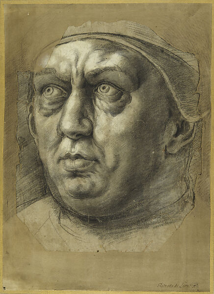 Portrait of Pope Leo X de’ Medici (Cartoon Fragment for the Figure of Pope Clement I in the Sala di Costantino), Giulio Romano  Italian, Black chalk, with stumping, highlighted extensively in white chalk, outlines stylus-incised for transfer of the design; the irregular shape of the original paper support partly conformed to the silhouetting necessary for a giornata in the fresco; glued onto secondary paper support making up the losses. Original  drawing surface abraded, and partial redrawing of the design by early restorers on the secondary support.