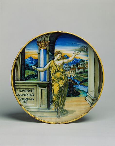 The Death of Lucretia, F. R. (painter), Tin-glazed earthenware (maiolica)