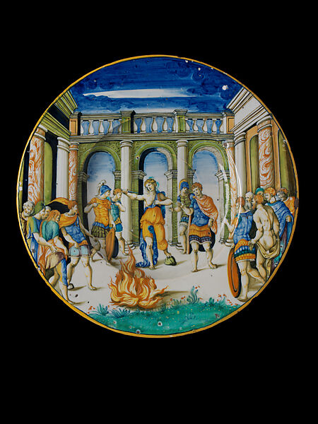 The Death of Lucretia before a Concourse of Roman Citizens, Guido de Merlino  Italian, Tin-glazed earthenware (maiolica)