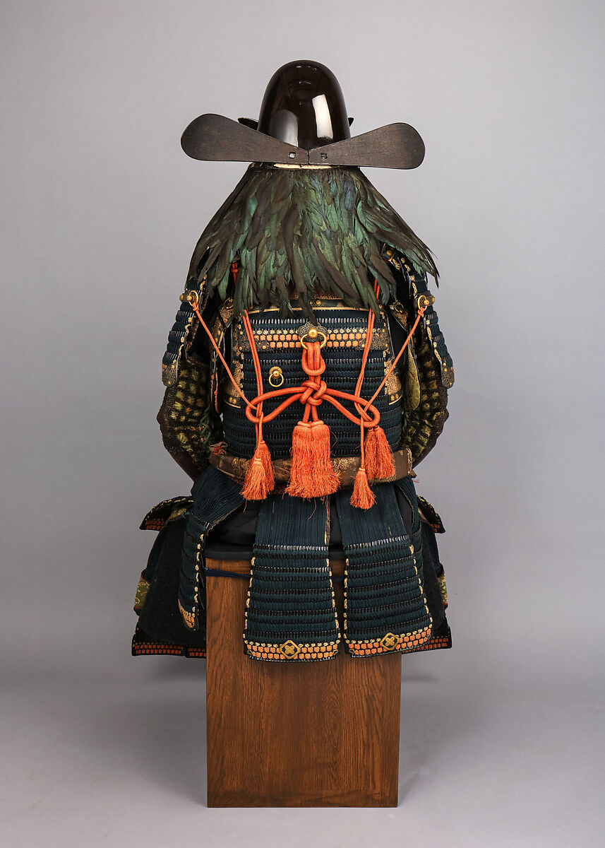 Helmet with Rain Protector and Crests, Iron, leather, lacquer, textile, silver, gold, brass, feather, wood, Japanese