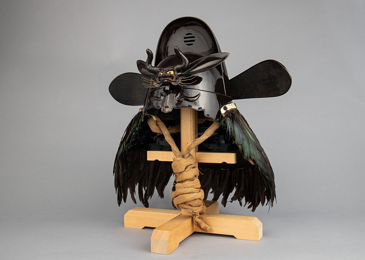 Helmet with Rain Protector and Crests, Iron, leather, lacquer, textile, silver, gold, brass, feather, wood, Japanese