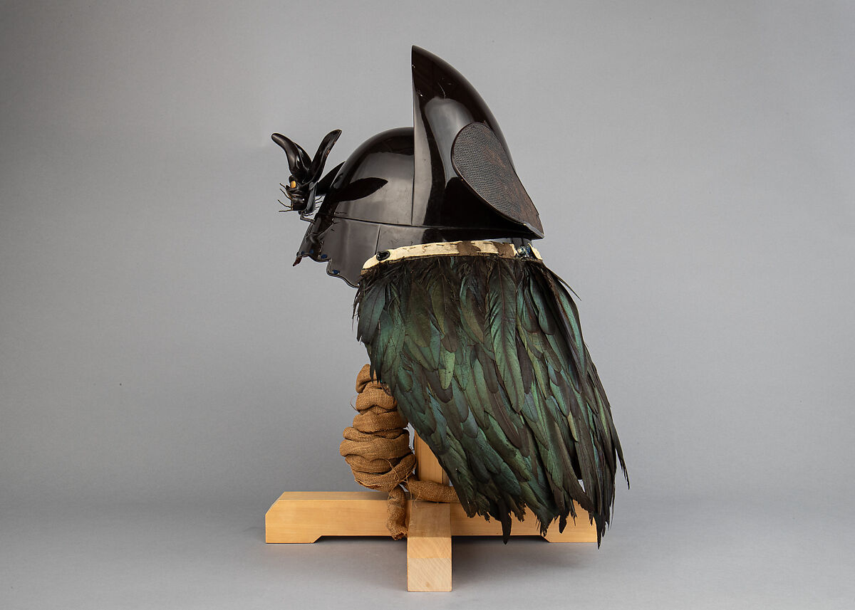Helmet with Rain Protector and Crests, Iron, leather, lacquer, textile, silver, gold, brass, feather, wood, Japanese