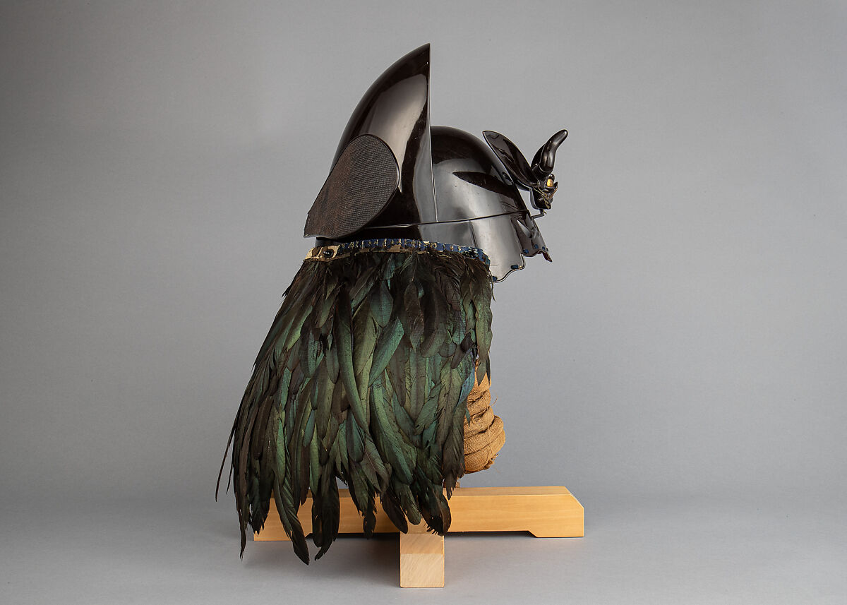 Helmet with Rain Protector and Crests, Iron, leather, lacquer, textile, silver, gold, brass, feather, wood, Japanese