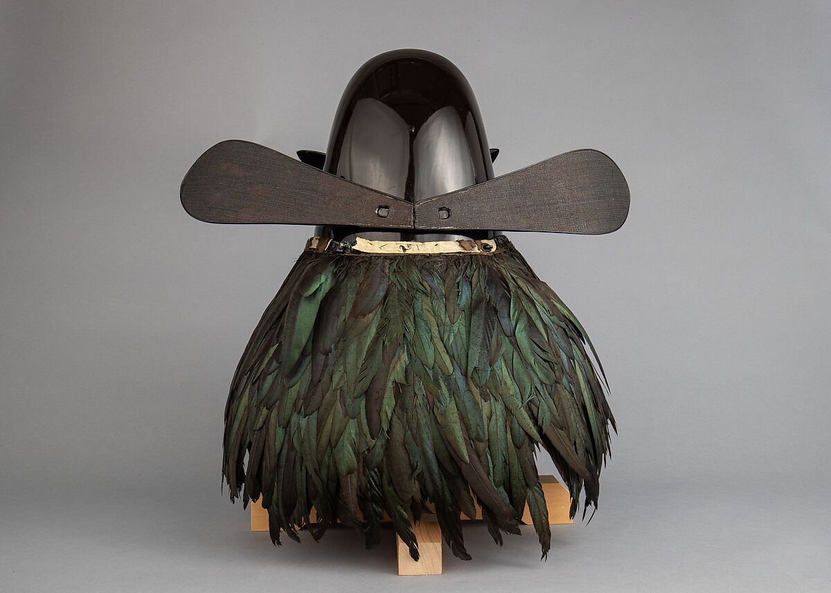 Helmet with Rain Protector and Crests, Iron, leather, lacquer, textile, silver, gold, brass, feather, wood, Japanese