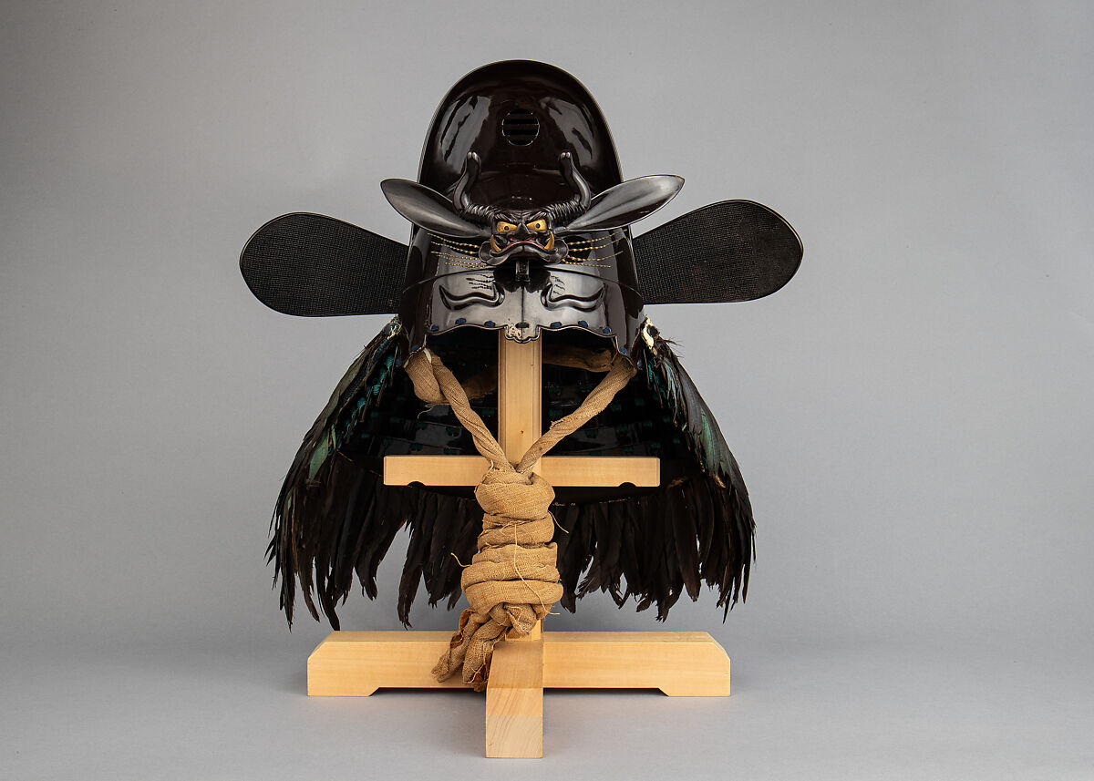Helmet with Rain Protector and Crests, Iron, leather, lacquer, textile, silver, gold, brass, feather, wood, Japanese