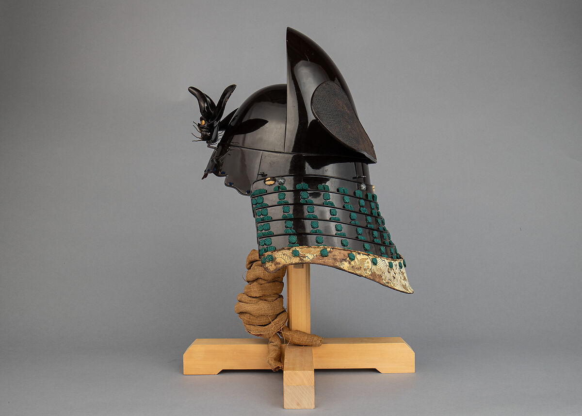 Helmet with Rain Protector and Crests, Iron, leather, lacquer, textile, silver, gold, brass, feather, wood, Japanese