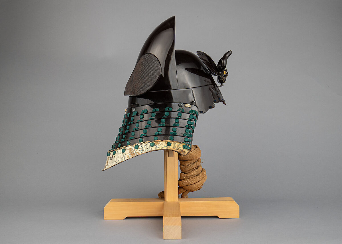 Helmet with Rain Protector and Crests, Iron, leather, lacquer, textile, silver, gold, brass, feather, wood, Japanese