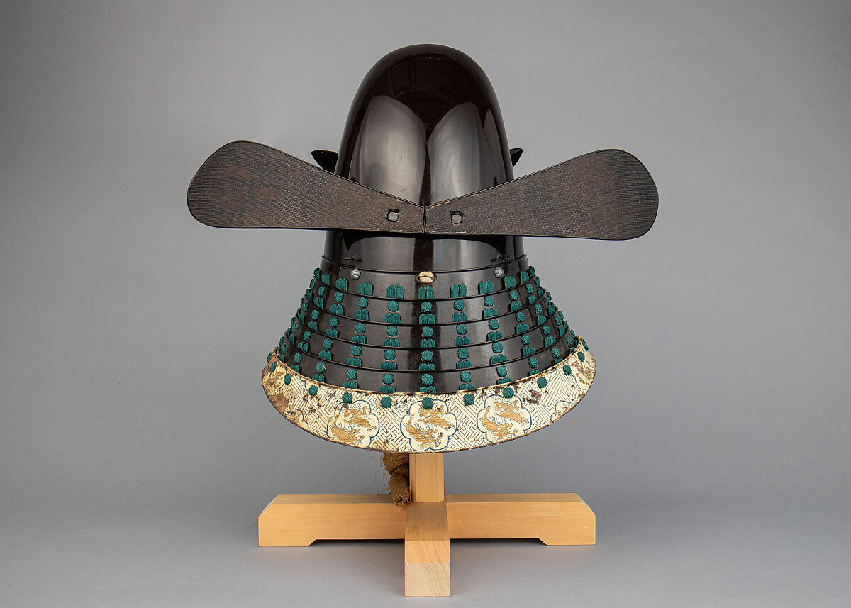 Helmet with Rain Protector and Crests, Iron, leather, lacquer, textile, silver, gold, brass, feather, wood, Japanese