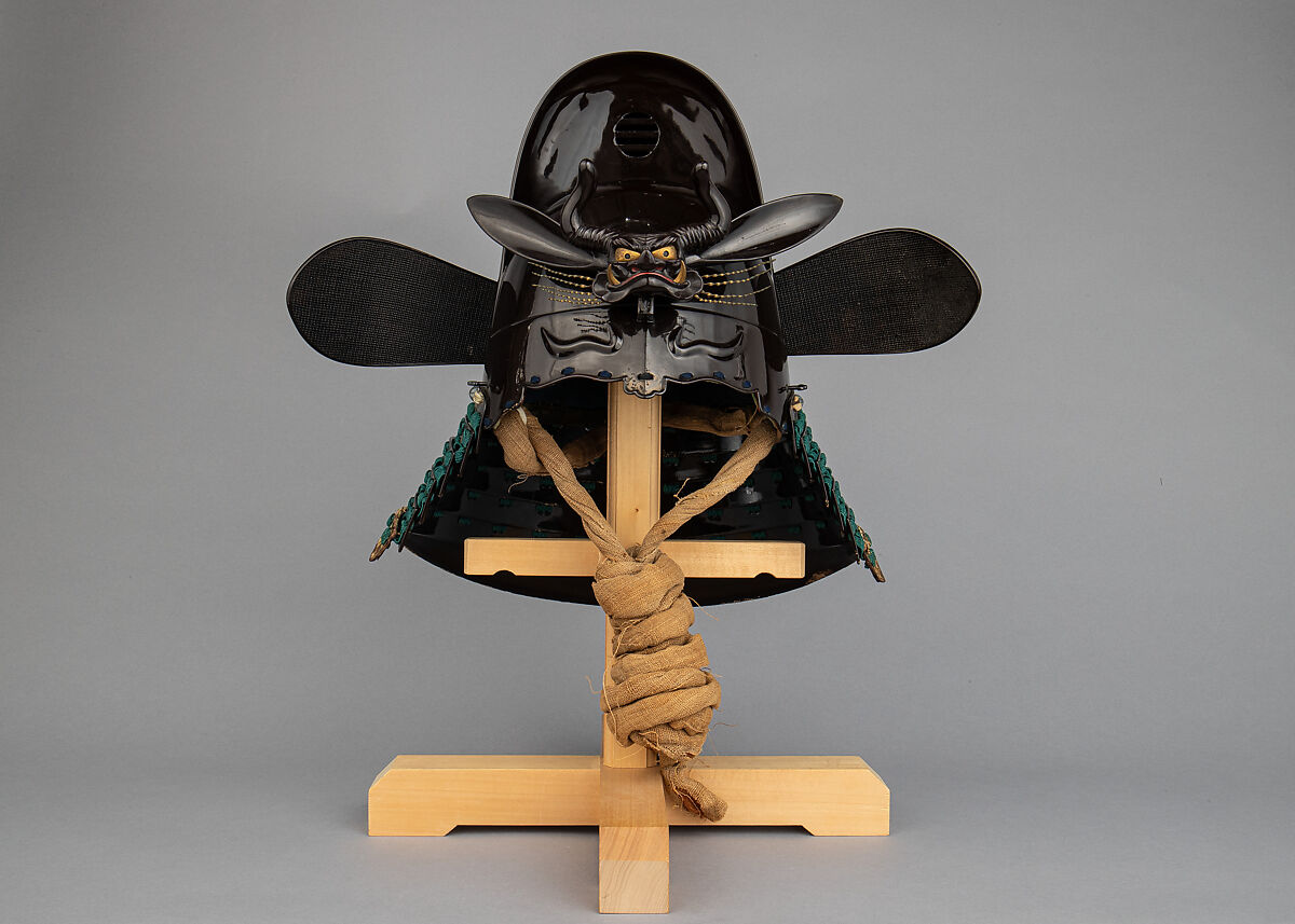 Helmet with Rain Protector and Crests, Iron, leather, lacquer, textile, silver, gold, brass, feather, wood, Japanese