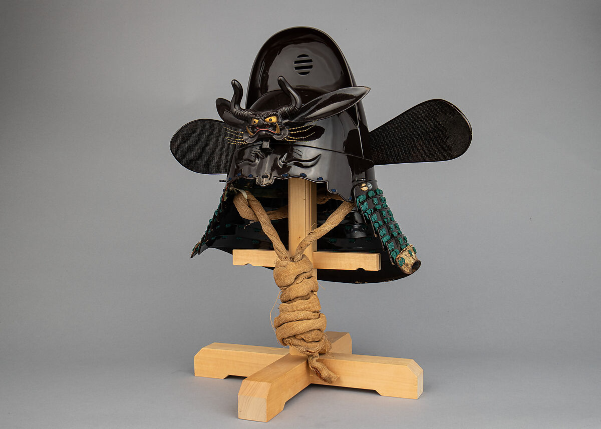 Helmet with Rain Protector and Crests, Iron, leather, lacquer, textile, silver, gold, brass, feather, wood, Japanese